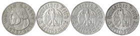 Gedenkmünzen
5 Reichsmark Luther
4 Stück: 1933 A,D,E.F. meist sehr schön. Jaeger 353.