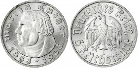 Gedenkmünzen
5 Reichsmark Luther
1933 D. fast Stempelglanz, kl. Randfehler. Jaeger 353.