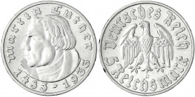 Gedenkmünzen
5 Reichsmark Luther
1933 D. fast vorzüglich, winz. Randfehler. Jaeger 353.