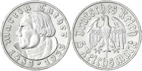 Gedenkmünzen
5 Reichsmark Luther
1933 E. gutes sehr schön, min. Randfehler. Jaeger 353.