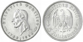 Gedenkmünzen
5 Reichsmark Schiller
1934 F. Randschrift läuft rechts herum. Erstabschlag, winz. Kratzer, Prachtexemplar. Jaeger 359.