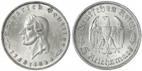 Gedenkmünzen
5 Reichsmark Schiller
1934 F. Randschrift läuft links herum. prägefrisch, winz. Kratzer, sonst Prachtexemplar. Jaeger 359.