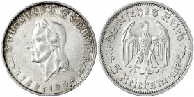 Gedenkmünzen
5 Reichsmark Schiller
1934 F. Randschrift läuft rechts herum. vorzüglich, kl. Kratzer. Jaeger 359.