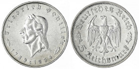Gedenkmünzen
5 Reichsmark Schiller
1934 F. Randschrift läuft links herum. gutes sehr schön. Jaeger 359.