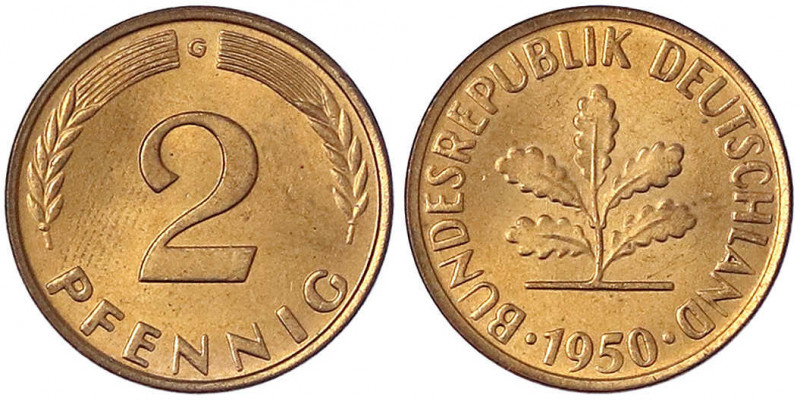 Kursmünzen
2 Pfennig, Kupfer 1950-1969
1950 G. feiner Stempelglanz, selten in ...