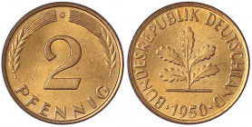 Kursmünzen
2 Pfennig, Kupfer 1950-1969
1950 G. feiner Stempelglanz, selten in dieser Erhaltung. Jaeger 381.