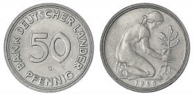 Kursmünzen
50 Pfennig, Kupfer/Nickel 1949-2001
1950 G, Bank Deutscher Länder. Mit Gutachten Schobner (Echt und prägefrisch). prägefrisch. Jaeger 379...