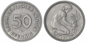 Kursmünzen
50 Pfennig, Kupfer/Nickel 1949-2001
1950 G, Bank Deutscher Länder. vorzüglich/Stempelglanz. Jaeger 379.