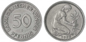 Kursmünzen
50 Pfennig, Kupfer/Nickel 1949-2001
1950 G. Bank Deutscher Länder. vorzüglich, kl. Randfehler. Jaeger 379.