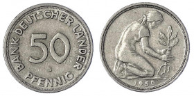 Kursmünzen
50 Pfennig, Kupfer/Nickel 1949-2001
1950 G. Bank Deutscher Länder. gutes sehr schön, kl. Randfehler. Jaeger 379.