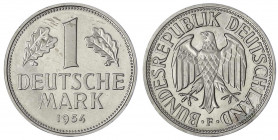 Kursmünzen
1 Deutsche Mark Kupfer/Nickel 1950-2001
1954 F. Auflage nur 150 Ex. Polierte Platte, sehr selten. Jaeger 385.