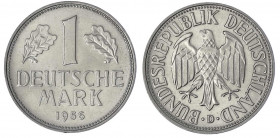 Kursmünzen
1 Deutsche Mark Kupfer/Nickel 1950-2001
1956 D. Stempelglanz, Prachtexemplar. Jaeger 385.
