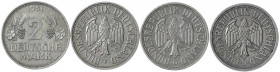 Kursmünzen
2 Deutsche Mark Ähren, Kupfer/Nickel 1951
Komplettsatz 1951 D, F, G, J. sehr schön bis vorzüglich. Jaeger 386.