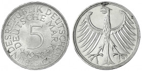 Kursmünzen
5 Deutsche Mark Silber 1951-1974
1958 G. vorzüglich/Stempelglanz. Jaeger 387.