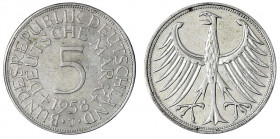 Kursmünzen
5 Deutsche Mark Silber 1951-1974
1958 J. gutes sehr schön. Jaeger 387.