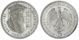 Gedenkmünzen
5 Deutsche Mark, Silber, 1952-1979
Mercator 1969 F. Mit langem "R". prägefrisch. Jaeger 400 var.