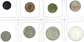 Kursmünzensätze
1 Pfennig - 5 Deutsche Mark, 1964-2001
1966 J. O.B.H. Auflage nur 1000 Sätze. Die kleinen Nominale teils angelaufen. Polierte Platte...