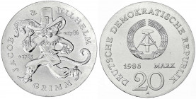 Gedenkmünzen der DDR
20 Mark 1986 A, Grimm. Randschrift läuft links herum. prägefrisch. Jaeger 1607.