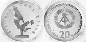 Gedenkmünzen der DDR
20 Mark 1988 A, Zeiss. Polierte Platte, original verschweißt. Jaeger 1621.