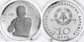 Gedenkmünzen der DDR
10 Mark 1988 A, Hutten. Kapsel in der Verschweißung leicht beschädigt. Polierte Platte, original verschweißt. Jaeger 1622.