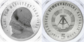 Gedenkmünzen der DDR
5 Mark 1989 A, Ossietzky. Polierte Platte, original verschweißt. Jaeger 1628.