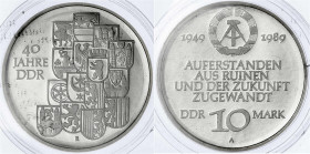 Gedenkmünzen der DDR
10 Mark 1989 A, 40 Jahre DDR. Polierte Platte, original verschweißt. Jaeger 1630.