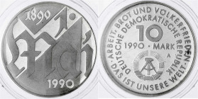 Gedenkmünzen der DDR
10 Mark 1990 A, 1. Mai. Polierte Platte, original verschweißt. Jaeger 1637.