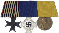Deutschland
Drittes Reich, 1933-1945
Dreier-Ordenspange: Kreuz für Kriegshilfsdienst, Treudienstehrenzeichen 25 Jahre, Kaiser-Wilhelm-Med. sehr schö...