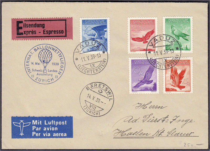 Ausland
Liechtenstein
Adler 1934, kompletter Satz auf Brief. Mi. 300,-€. Brief...