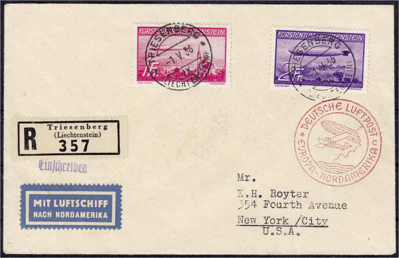 Ausland
Liechtenstein
1 Fr. und 2 Fr. Zeppeline 1936, kompletter Satz auf R-Er...
