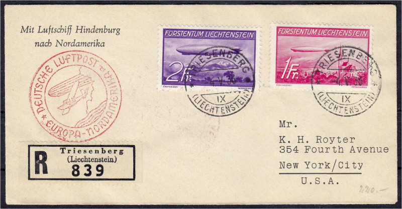 Ausland
Liechtenstein
1 Fr. und 2 Fr. Zeppeline 1936, kompletter Satz auf R-Br...