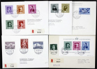 Ausland
Liechtenstein
Gemälde, Weltpostverein, Briefmarkenausstellung und Schellenberg 1949, drei komplette Sätze und Block 5 auf R-Ersttagsbriefen....