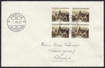 Ausland
Liechtenstein
Gemeinden und Landschaften 1949, Viererblock auf Ersttagsbrief, gestempelt ,,VADUZ 1.XII.49". Mi. 800,-€. FDC. Michel 284.