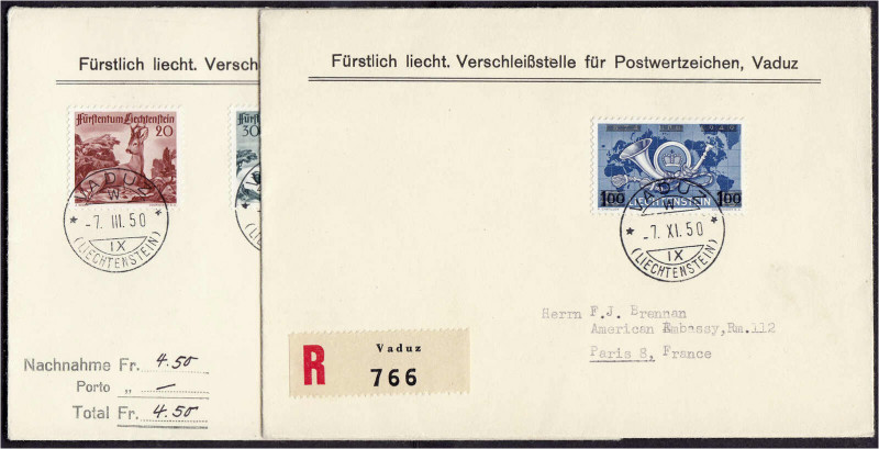 Ausland
Liechtenstein
Jahrgang 1950 (Ersttagsbriefe), komplett, einmal R-FDC. ...