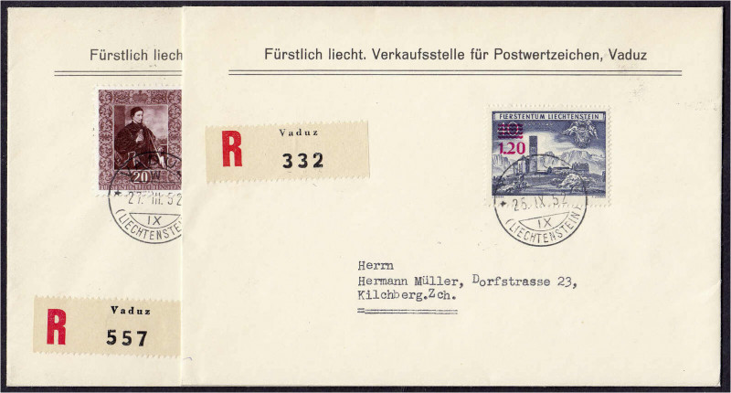 Ausland
Liechtenstein
Gemälde und Aufdruck der neuen Wertstufe 1952, zwei saub...