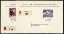 Ausland
Liechtenstein
Gemälde und Aufdruck der neuen Wertstufe 1952, zwei saubere R-Ersttagsbriefe. Mi. 380,-€. FDC. Michel 306-308, 310.