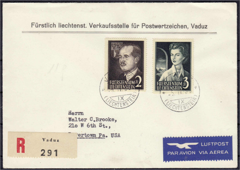 Ausland
Liechtenstein
Fürstenpaar 1955, sauberer R-Ersttagsbrief, entwertet mi...
