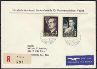 Ausland
Liechtenstein
Fürstenpaar 1955, sauberer R-Ersttagsbrief, entwertet mit dem Stempel ,,VADUZ 5.IV.55". Mi. 550,-€. FDC. Michel 332-333.