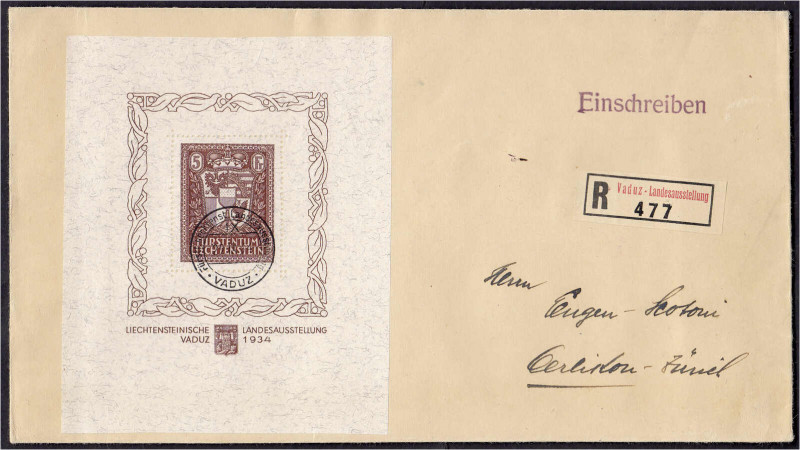 Ausland
Liechtenstein
VADUZ-Block 1934, schöner R-Brief mit Ersttagsentwertung...