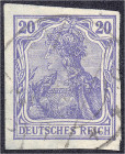Deutschland
Deutsches Reich
20 Pfg. Germania mit Wasserzeichen (Kriegsdruck) 1915, dunkelviolettblau, ungezähnt, entwertet ,,ALTDAMM c8. .20 11-12 V...