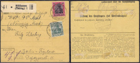Deutschland
Deutsches Reich
80 Pf. karminrot (metallisch glänzend)/ rotschwarz auf hellrosa 1915/16, gebraucht mit Brückenstempel ,,MÜHLHAUSEN (THÜR...