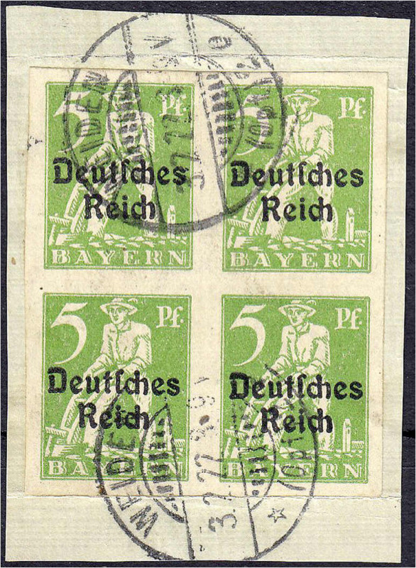 Deutschland
Deutsches Reich
5 Pf. Abschiedsserie 1920, ungezähnter Viererblock...