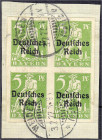 Deutschland
Deutsches Reich
5 Pf. Abschiedsserie 1920, ungezähnter Viererblock auf Briefstück in gestempelter Erhaltung, geprüft Peschl BPP/Infla. M...