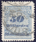 Deutschland
Deutsches Reich
50 Milliarden 1923, sauber gestempelt, durchstochene B-Zähnung. Fotoattest Winkler BPP >einwandfrei