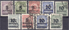 Deutschland
Deutsches Reich
5 Mrd auf 2 Mio - 10 Mrd auf 100 Mio Freimarken 1923, zwei gestempelte Sätze inkl. B-Zähnung, jeder Wert geprüft Infla o...