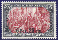 Deutschland
Deutsche Auslandspostämter und Kolonien
Deutsche Post in Marokko
6 P 25 C auf 5 M Freimarke 1900/1903, ungebrauchte Erhaltung. Fotobefu...