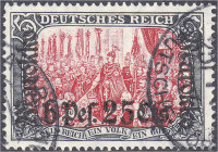 Deutschland
Deutsche Auslandspostämter und Kolonien
Deutsche Post in Marokko
6 P 25 C auf 5 M Freimarke 1911, Ministerdruck (reinschwarze Rahmenfar...