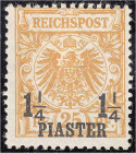 Deutschland
Deutsche Auslandspostämter und Kolonien
Deutsche Post in der Türkei
1 1/4 PIA auf 25 Pf. Freimarke 1889, Farbe ,,a" (gelborange), norma...