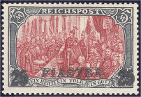 Deutschland
Deutsche Auslandspostämter und Kolonien
Deutsche Post in der Türkei
25 PIA auf 5 M Freimarke 1900/1904, Abart: doppelter Aufdruck, tade...