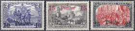 Deutschland
Deutsche Auslandspostämter und Kolonien
Deutsche Post in der Türkei
10 PIA auf 2 M - 25 PIA auf 5 M Freimarken 1905/1913, drei postfris...
